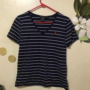 Navy and White Stripe Ralph Lauren Sport V-Neck T
